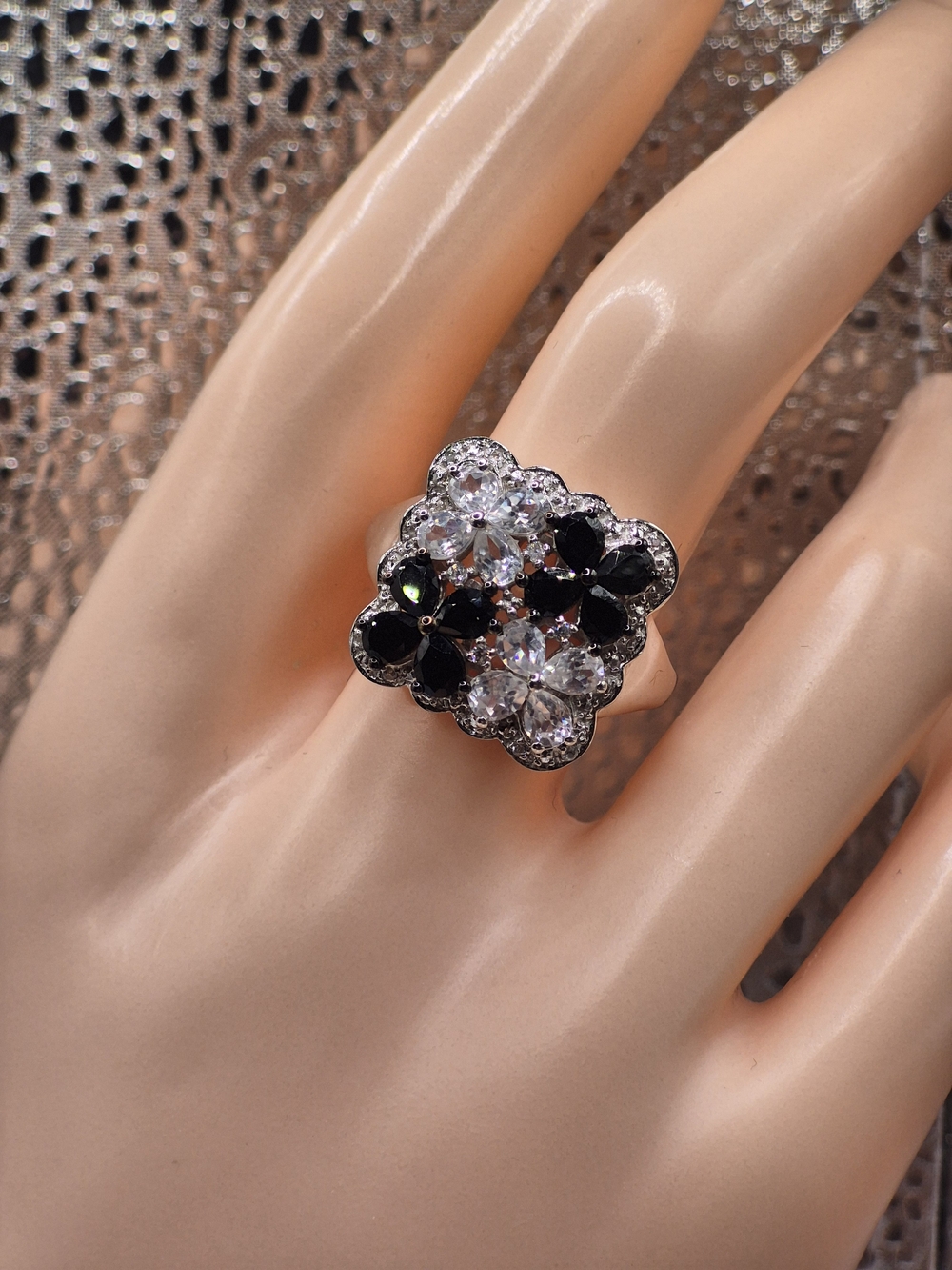 Black Spinel and  White Topaz Floral Cocktail Ring